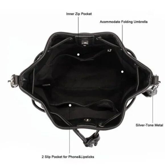 NEW BUCKET Bags with Drawstring Black Vegan Leather Hobo Handbag - Picture 5 of 7